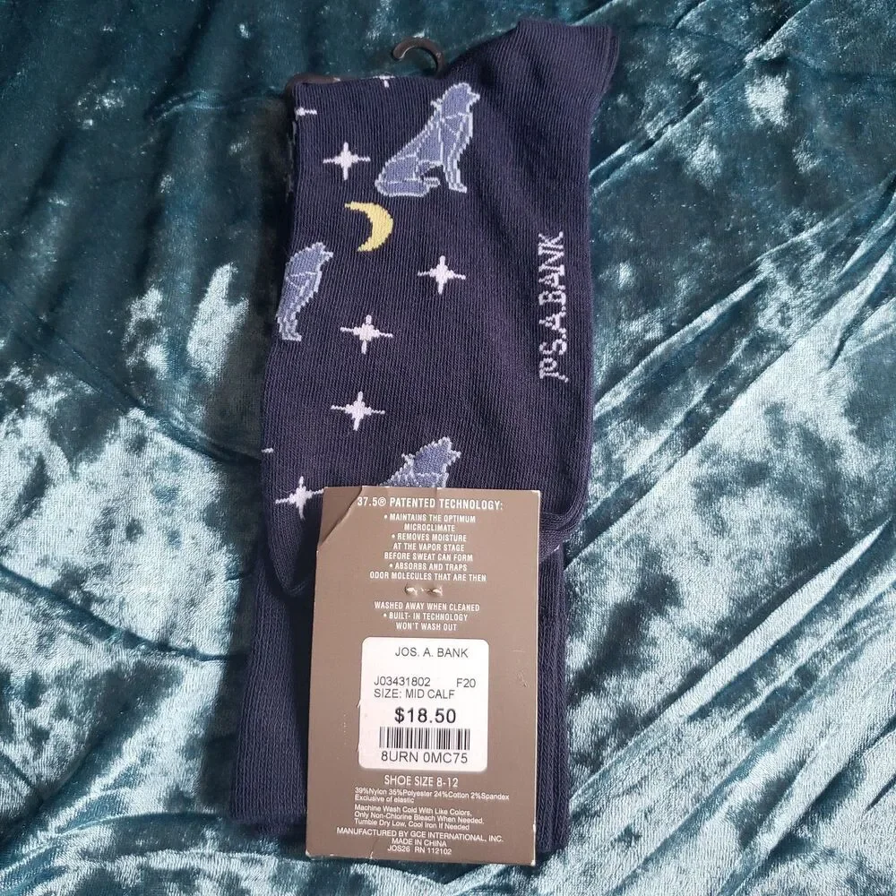 NWT Jos. A. Bank Lot of 3 Pairs of Mid-Calf Socks Sz. 8-12 Polka Dots/Moon/Wolf